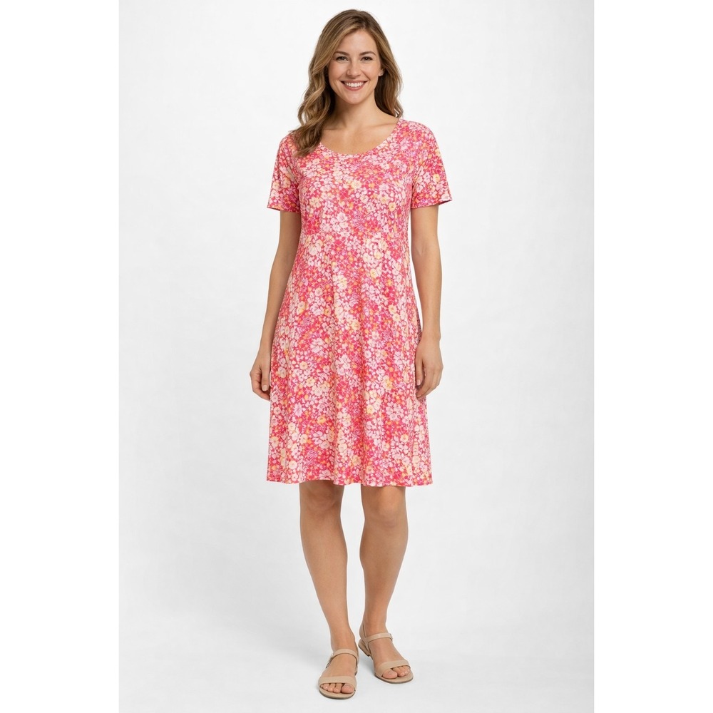 Christopher & Banks Floral Dress Medium Pink Yellow Short Sleeve‎ Stretch Casual